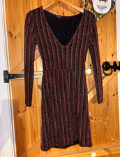 Miss Selfridge Black & Rose Gold Glitter Stripe V-Neck Bodycon Dress 12