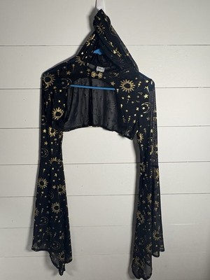 CELESTIAL Sheer Hooded Crop Top WITCH COSTUME Black Gold Whimsy GOTH Halloween S
