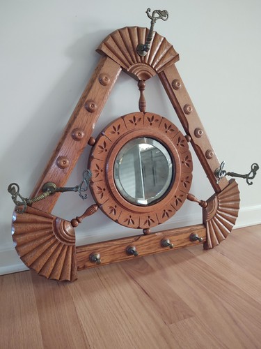 Unique Vtg. Oak Wood Beveled Mirror Hall Hat Rack Triangular Twisted Wire Hooks