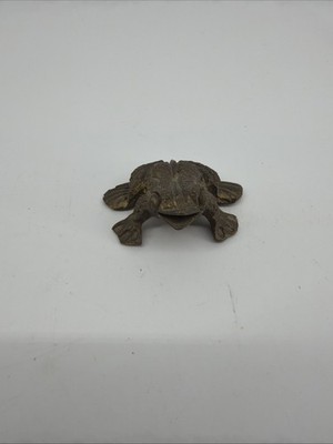 Vintage whimsical brass frog figurine with a beautiful patina, 2  tall