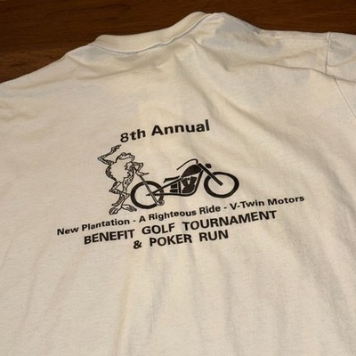 Vintage 90s Hanes Stedman L White Polo New Plantation VTwin Motors Golf Poker Ru