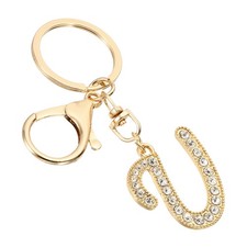 Initial Letter Keychain, Letter U Charm with Crystal Diamonds Cute, Gold Tone
