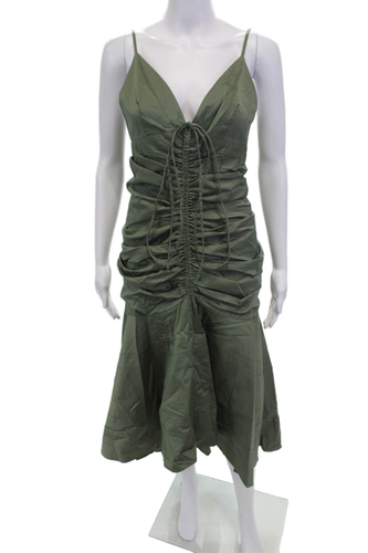 Veronica Beard Womens Back Zip Spaghetti Strap Ruched Dress Green Cotton Size 4