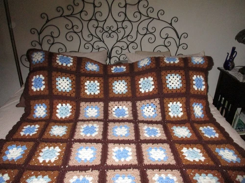 Vintage Crochet Granny Square Afghan Blanket Handmade Throw 67x 48