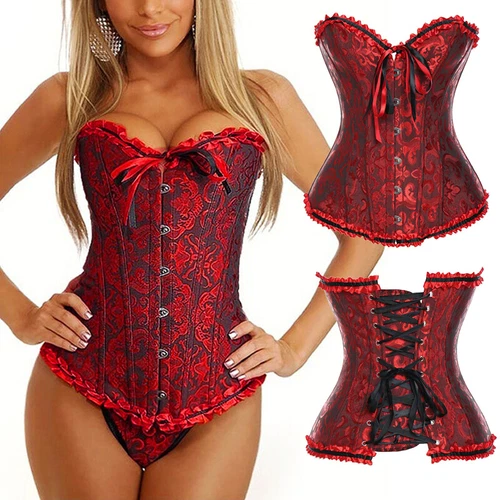 Damen Überbrust Korsett Bustier Burleske Baskisch Top Spitze Kostüm Übergröße - Bild 17 von 29