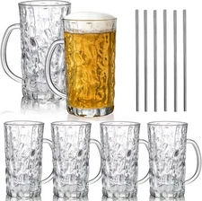 Set of 6 Glass Beer Mug, 18 Oz Large Beer Glasses with Handle Straw, Solid Clear