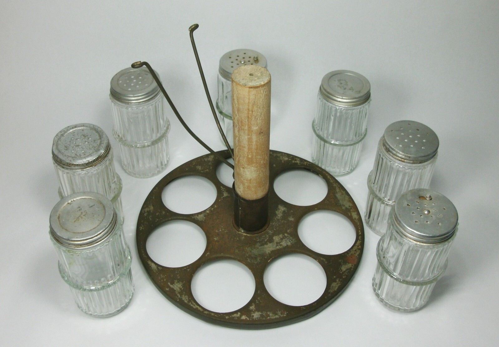 d Vtg Hoosier CAROUSEL SPICE RACK SET 7 Ribbed Glass Spice Jars