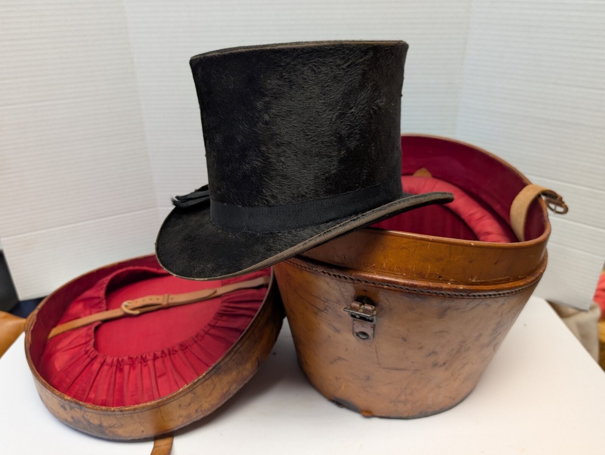 RARE Antique Victorian Leather Hat Box with Red Satin