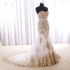 Gold Lace Mermaid Wedding Dresses Sweetheart Strapless Lace up Back Sweep Train