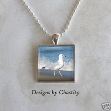 Sea Gull Necklace Pendant Glass Art Charm Necklace Nautical Ocean Beach Wave