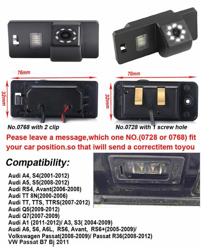 LED Night Vision Car reverse Camera for Audi Q5 Q7 A1 A6 S6 A6L RS6 A5 A4 S4 RS4 - Picture 2 of 9