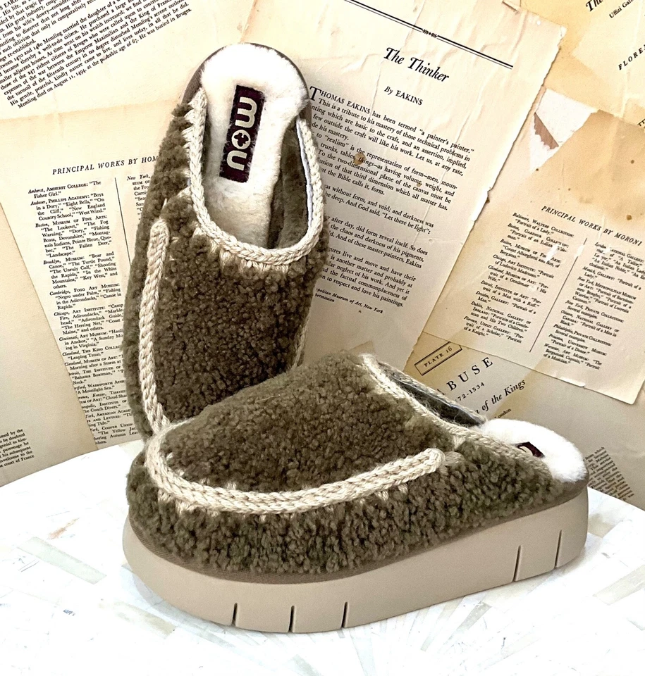 Zapatillas Free People Mou Bounce Zueco Piel de Oveja Rizada Verde Militar 36/6 NUEVO Foto 2 de 4