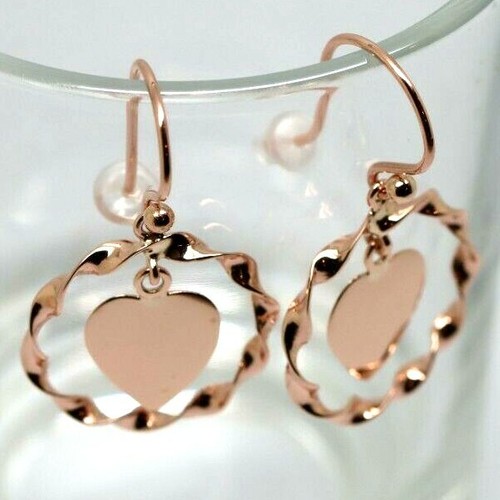 Genuine 9ct Solid Rose Gold Hooks Fancy Heart Disc Earrings - Picture 8 of 10