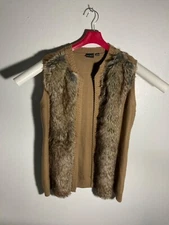 Womens Tribal Faux Fur Trimmed Knit Vest Large Tan