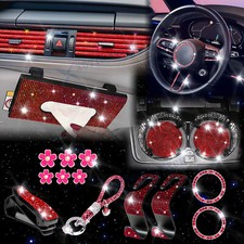 26 Pcs Red Universal Sparkle Luxury Bling Car Accessories Set For Women Girls