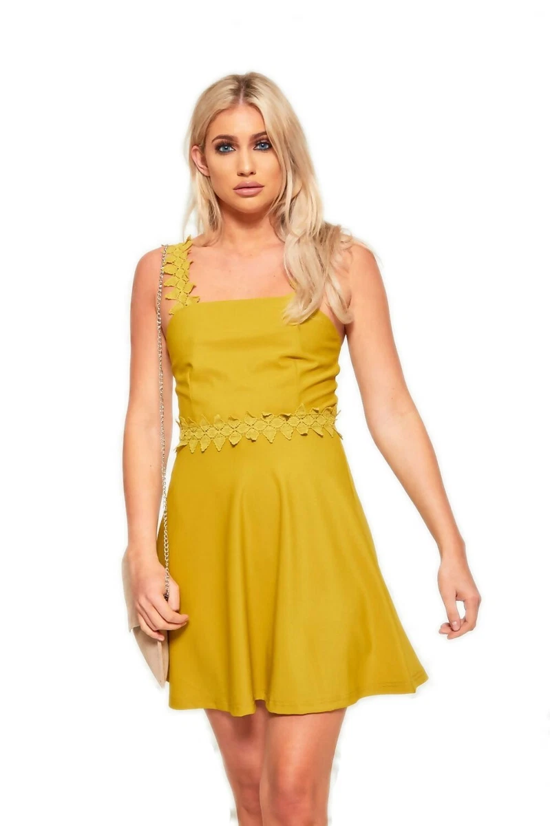 Women s Crochet Strap Skater Dress Sexy Office Night Out Yellow