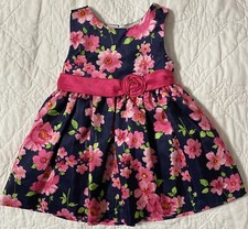 Infant Girls Navy & Pink Floral Tea Length Formal Easter Spring Dress, 24 Months
