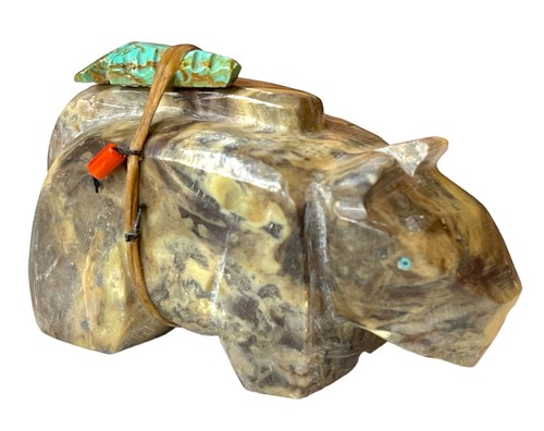 Vintage Native American Zuni Fetish Agate Or Soapstone Bear Like W Turquoise