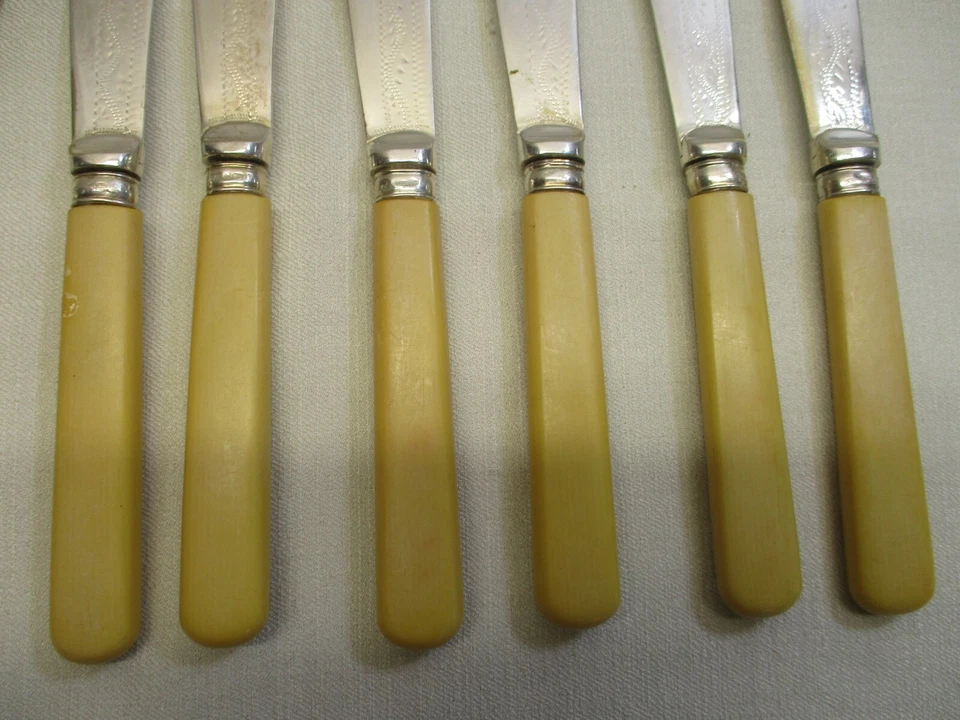 HORQUILLAS Y CUCHILLOS BIRMINGHAM "WY" PLATEADOS ~ MANGOS AMARILLOS ~ 12 PIEZAS ANTIGUO 1906 Foto 4 de 4