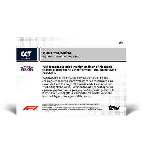 Topps Now Formula 1 2021 - Card 88 - Yuki Tsunoda - AlphaTauri - Picture 2 of 2