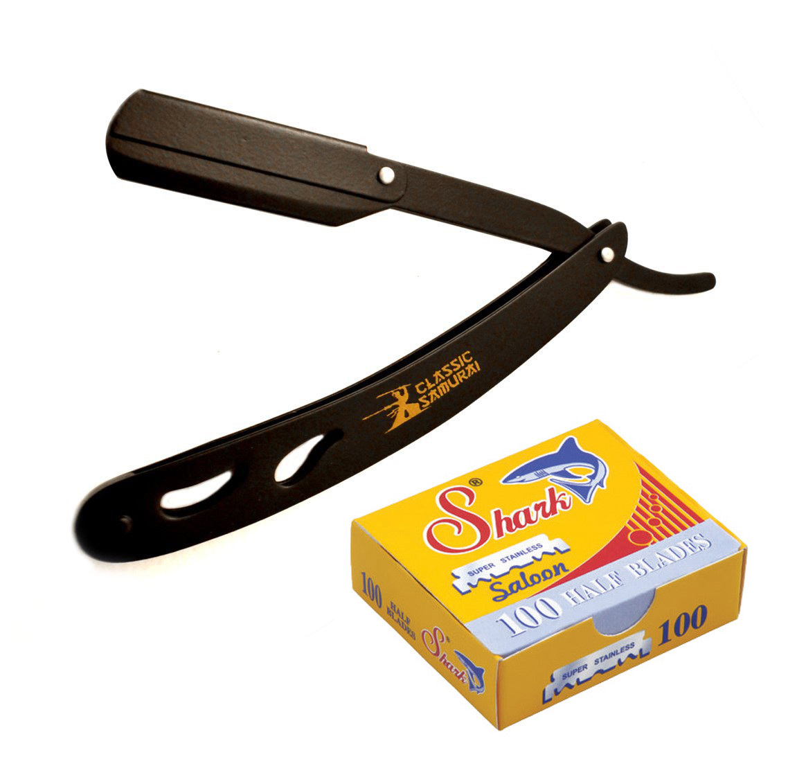 Classic Samurai Metal Straight Razor Black Shavette + 100 Shark Single Blades