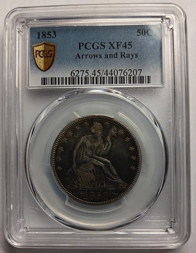 1853 Liberty Seated half dollar Arrows And Rays, NGC XF 45 .  With Luster.