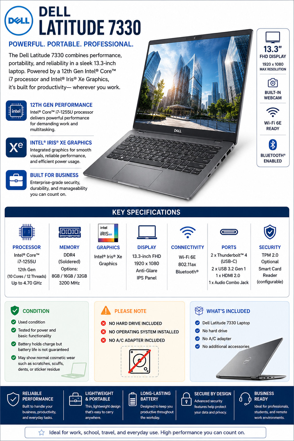 Dell Latitude 7330, 13.3-Inch Laptop, with Intel Core i7 12th Gen., No OS