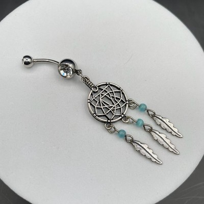 Silver-Tone Dreamcatcher Belly Button Ring w/ Feathers Boho Navel