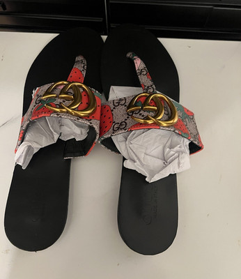Gucci Women's Black/Red/Gold GG Logo Strap Chain Slide Sandals Leather US 11