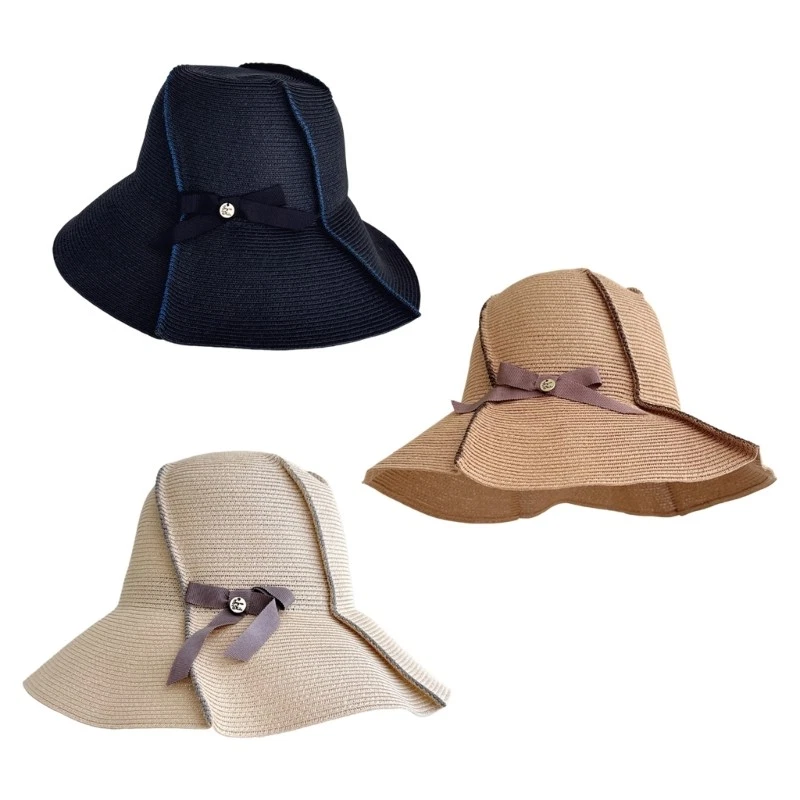 Breathable Polyester Sun Hat Fashionable Bows Wide Border Straws Hat Women