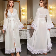 Black White Bridal Mesh Long Lace Trim Vintage Lingerie Wedding Robe Women