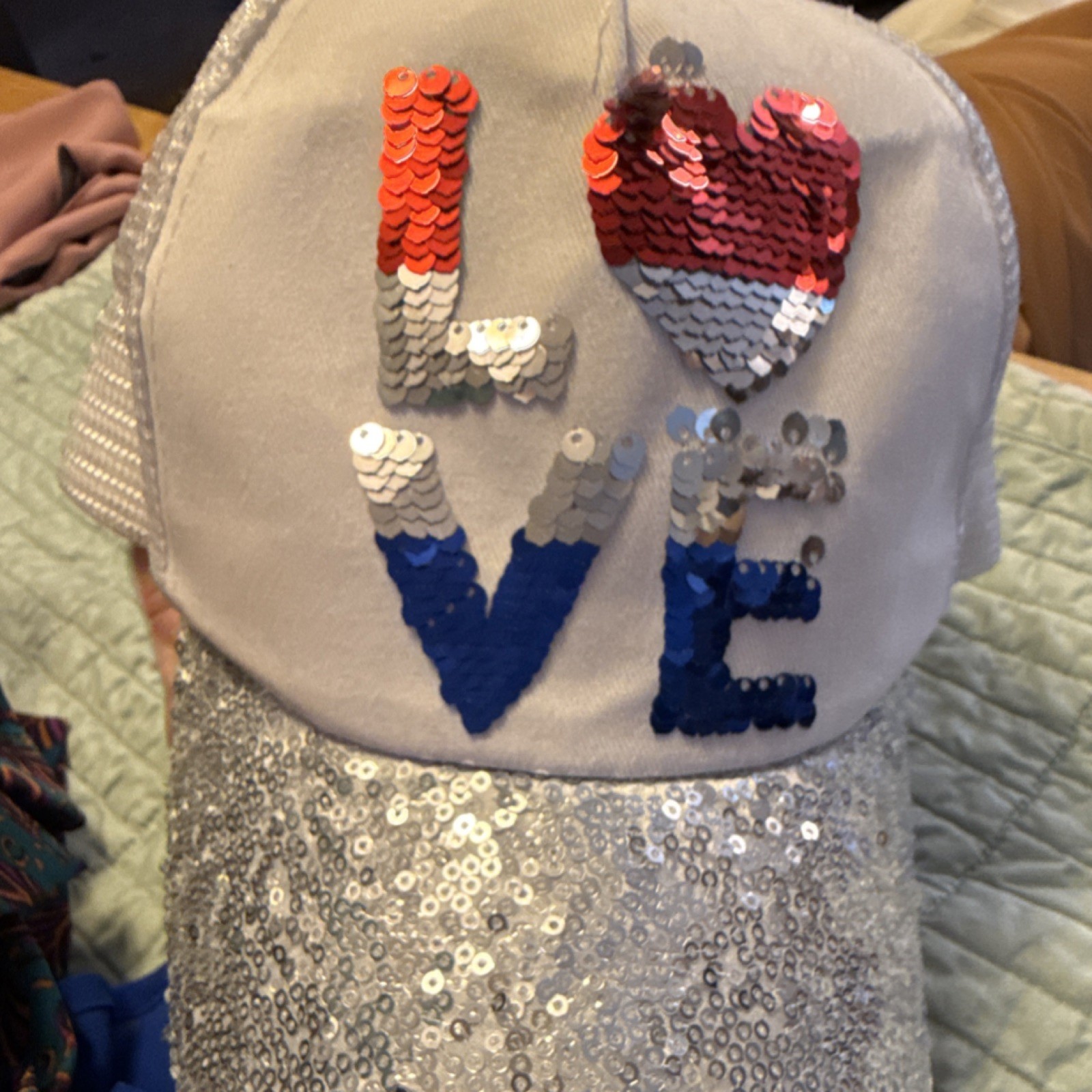Sequin Mesh Adjustable Baseball Cap White Silver … - image 2