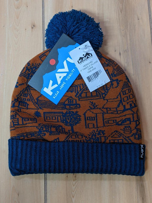 KAVU Herschel Beanie Hat 'It Takes A Village' Brown Blue Range Pom Pom OSFM