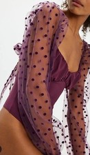 Free People Molly At Midnight Mesh Dotted Puff Sleeve Tie Back Bodysuit Top XS