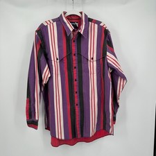 Vintage Wrangler Brushpopper Men Western Shirt Sz 17.5x35 Caped Yoke Striped USA