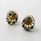 Vintage Double Circle Blue AB Rhinestone & Milk Glass Clip-on Earrings Gold tone