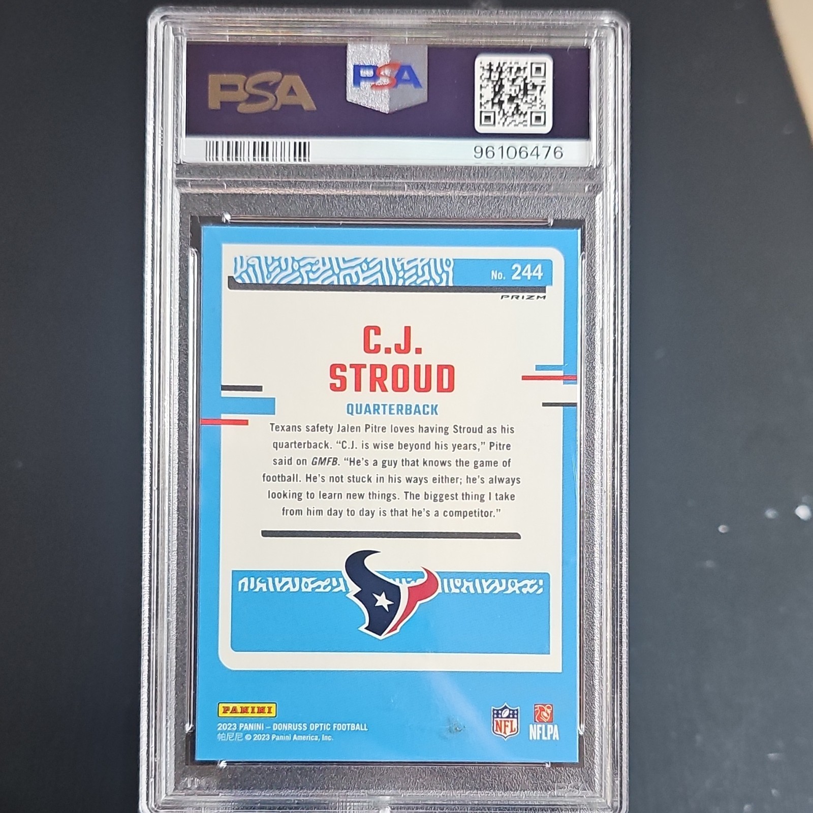 2023 Panini Donruss Optic Rookie C.J. Stroud Texans Pink Prizm #244 RC PSA 8 view 2