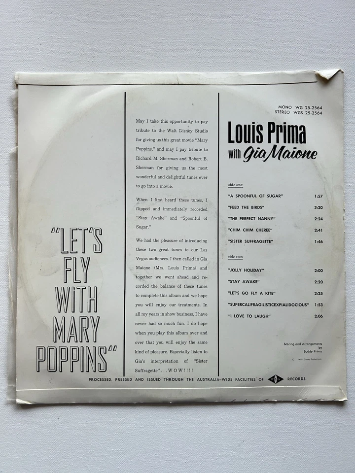 Louis Prima - Fly With Mary Poppins - 1965 Vinyl Record LP Lounge Walt Disney - Image 2 of 4