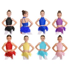 Girls Latin Dance Elegant Crop Top Sparkly Feather Fringe Skirt Cha-Cha Stage