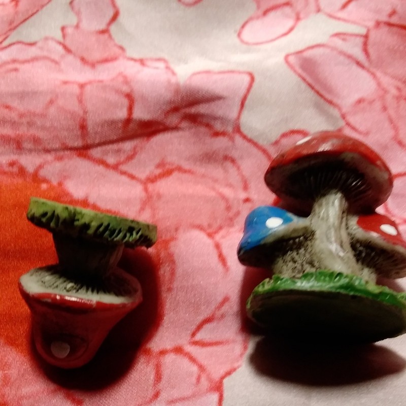 Hand Painted Ceramic Mushroom Figurines Set of 2 Red/White Polka Dot Blue