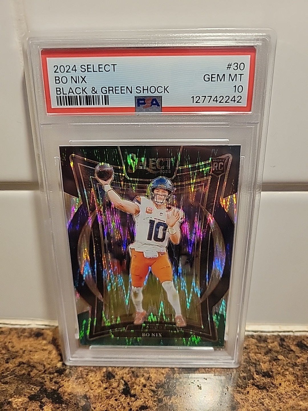 2024 Panini Select - Concourse Bo Nix #30 Black & Green Shock Prizm (RC) Psa 10