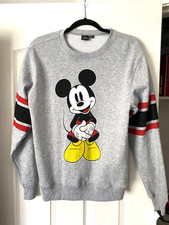 New Mickey Mouse Gray Pullover Sweatshirt, Varsity Striped Arms Graphic - Size M