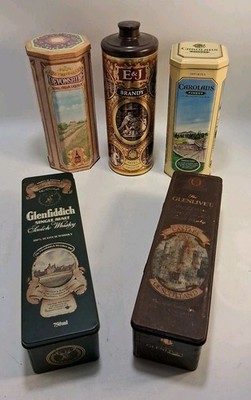 5 Vtg Liquor Tins Glenfiddich, Glenlivet, E&J Brandy,Carolinas, Devonshire  Look