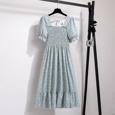 Spring Summer Chiffon Dresses Fashion Female Elastic Waist Short Sleeve Pleated 
