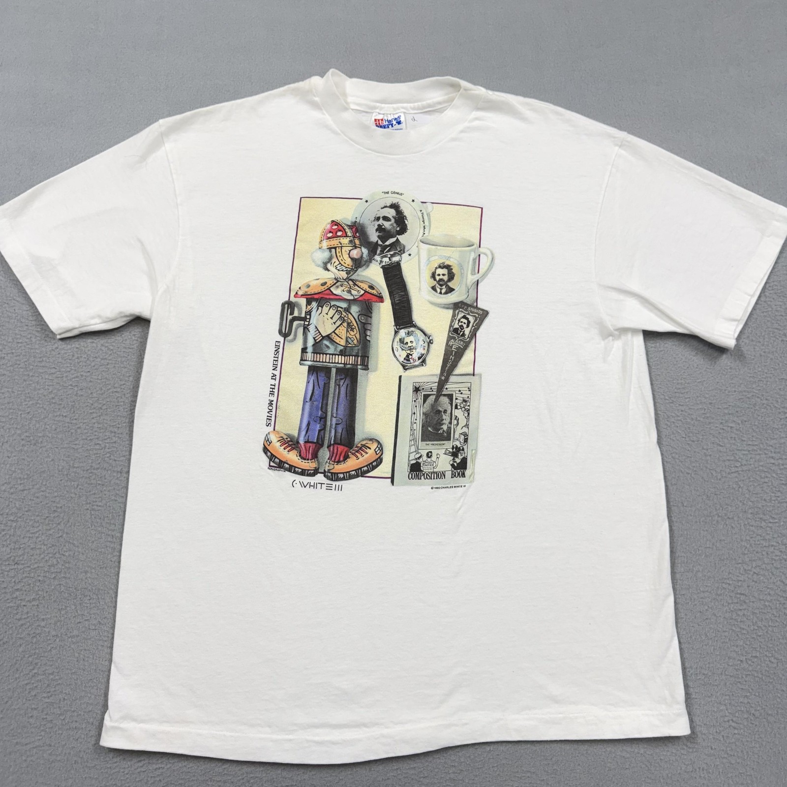 Vintage Einstein At The Movies Shirt Mens Large White Hanes Beefy-T Graphic 1993