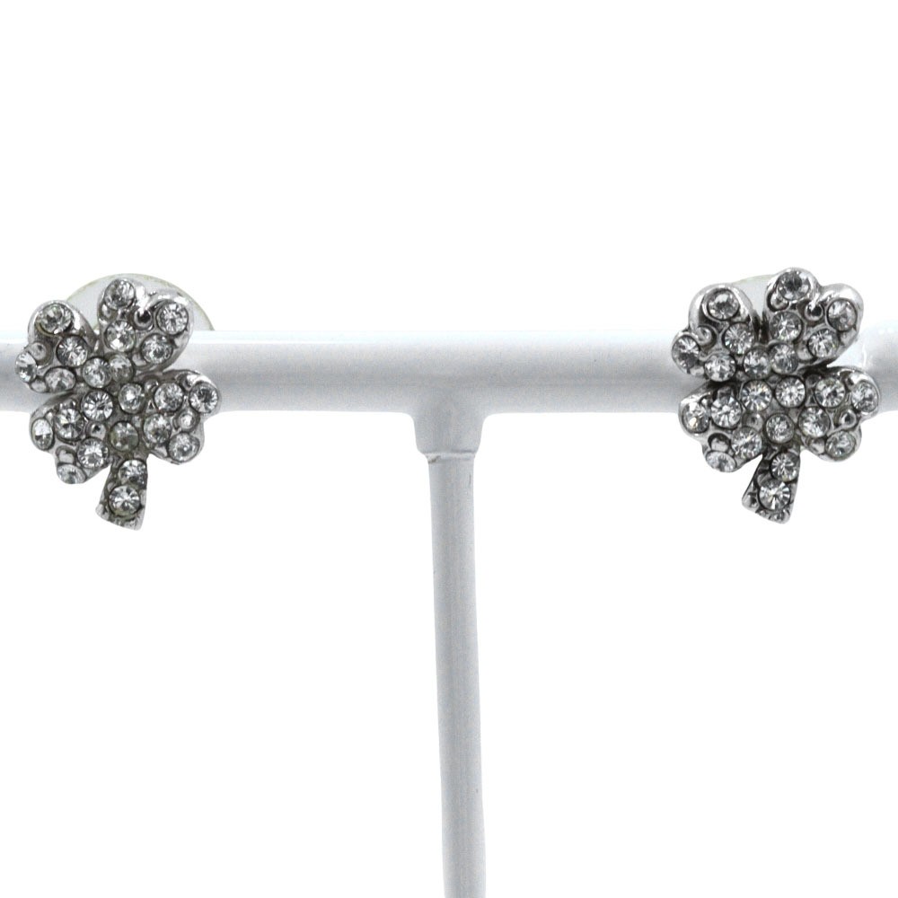 CHANEL Clover Earrings with Rhinestones Silver Women's Excellent