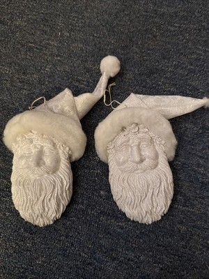 Christmas Ornaments Plaster Santa Heads White Set Of 2