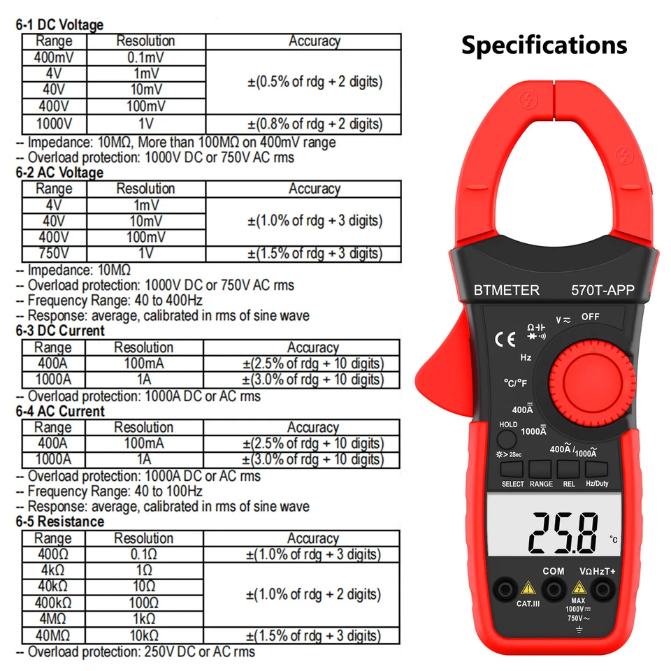 BTMETER Zangenmultimeter AC DC Zangenmessgerät Stromzange Zangenamperemeter 750V - Bild 2 von 4