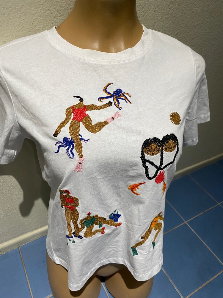 ZARA Dina Bukva Embroidered White Graphic Tee Women Size S New