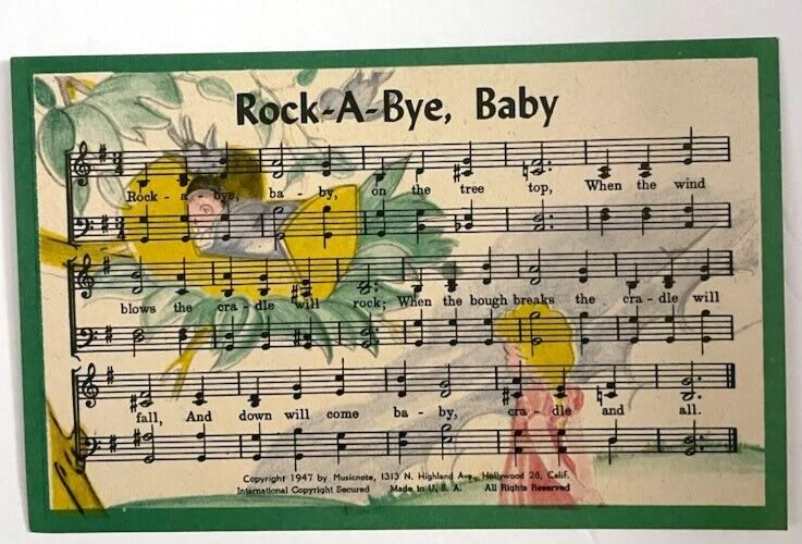 Rock A Bye Baby Lullaby Song Illustrated Music Sheet Vintage